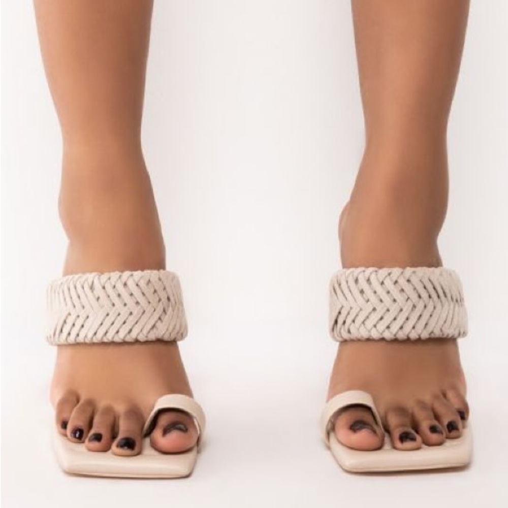 Azalea Wang Nude Vegan Leather Woven High Heel Mule Sandals